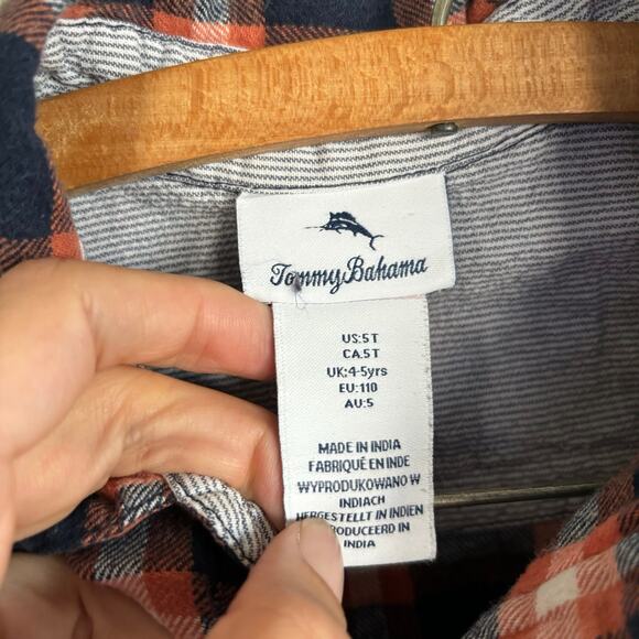 Tommy Bahama Boys 5T Flannel Collared Button Up Shirt Blue Orange Plaid - Picture 5 of 7